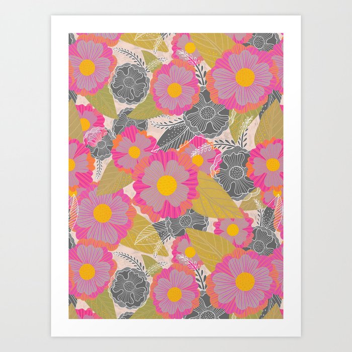Floating Flowers in Purple and Gray Art Print