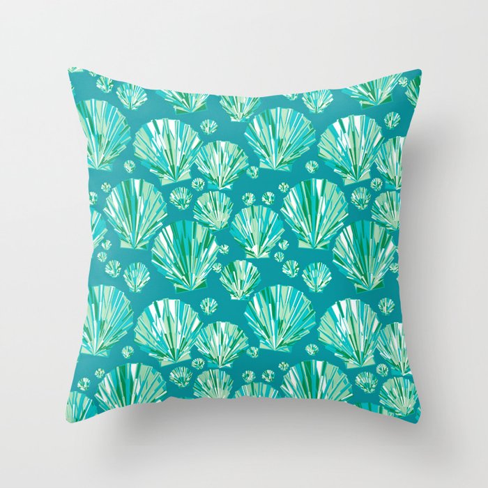 Modern Geometric Seashell Pattern, Aqua and Turquoise Throw Pillow