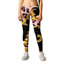 Gold Interweave Chains on Leopard Prints Leggings | Goblets, Variable, Gold, Leopard, Inspired, Prints, Mural, Arts, Blackbackground, Blacknuts 