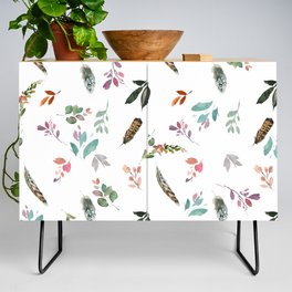 Watercolor pink teal brown bohemian feathers floral Credenza