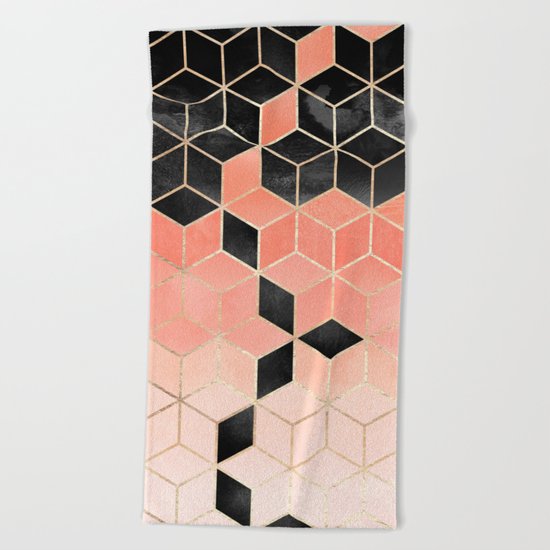 Black And Coral Cubes Beach Towel