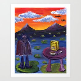 Vampire Enjoys Cereal in the Mountains at Sunset Art Print