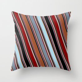 [ Thumbnail: Sienna, Light Blue, Dark Red, Light Slate Gray, and Black Colored Pattern of Stripes Throw Pillow ]