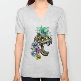 dinosaur surrounded by flowers V Neck T Shirt