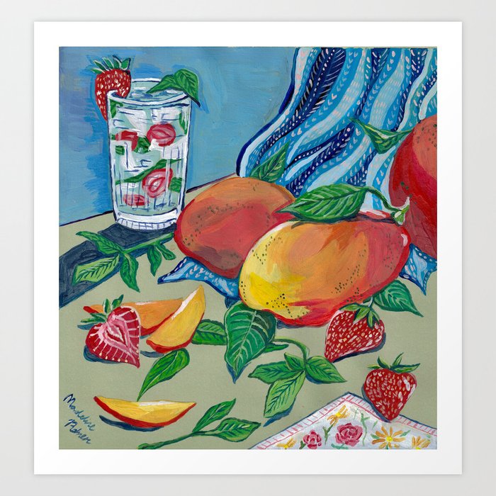 Mango, Strawberries, and Basil. Acrylic on Paper. 2020 Art Print