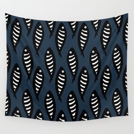 Abstract black and white fish pattern Dark blue Wall Tapestry