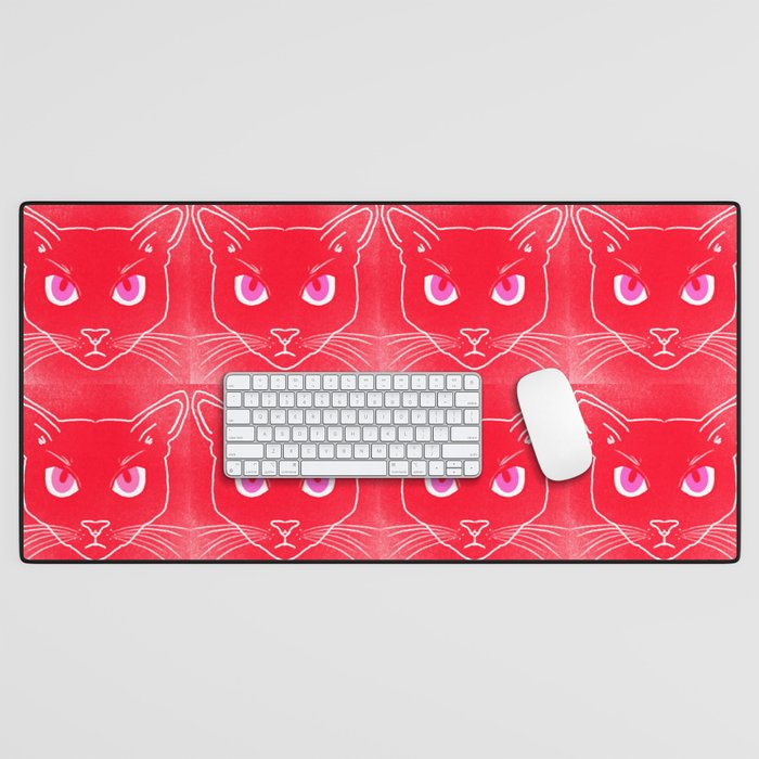 Retro Red Cat Silhouettes Hot Pink Eyes Desk Mat