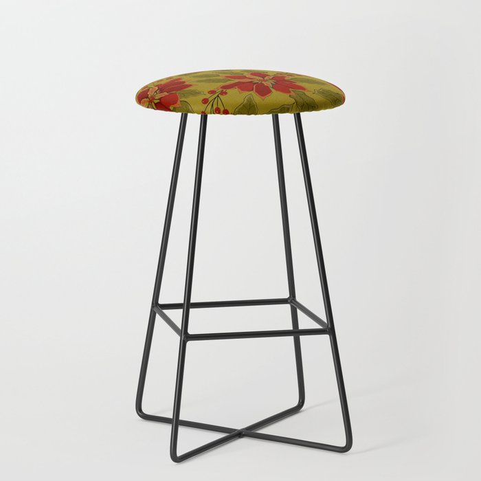 Festive Poinsettia Pattern in Ruby Red, Olive Green & Gold on Light Olive Background Bar Stool