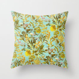 Leaves in Gold and Sage on Turquoise  Throw Pillow
