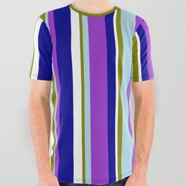 [ Thumbnail: Eyecatching Green, Light Blue, Dark Orchid, Dark Blue, and White Colored Lined/Striped Pattern All Over Graphic Tee ]