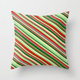 [ Thumbnail: Eyecatching Light Green, Red, Gray, Dark Green, and Tan Colored Lined/Striped Pattern Throw Pillow ]