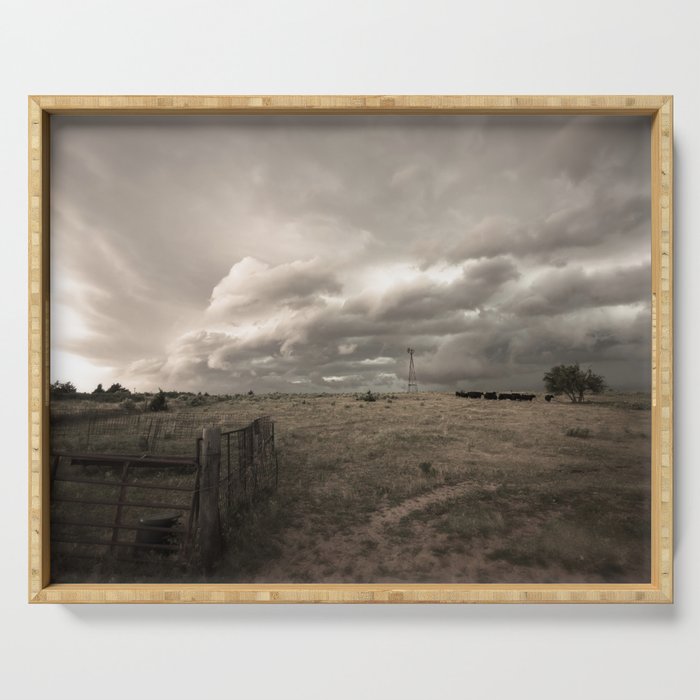 That Ol' Wind - Storm Clouds Advance Over Country Landscape on a Stormy Day in Oklahoma Serving Tray