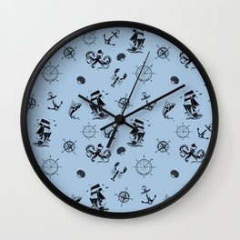 Pale Blue And Black Silhouettes Of Vintage Nautical Pattern Wall Clock