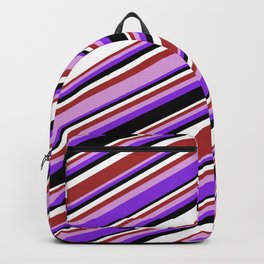 [ Thumbnail: Colorful Brown, Plum, Purple, Black, and White Colored Pattern of Stripes Backpack ]