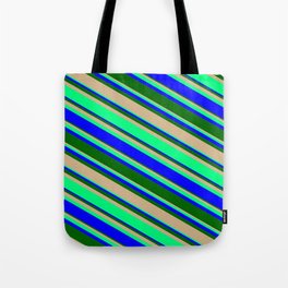 [ Thumbnail: Tan, Green, Blue, and Dark Green Colored Lines/Stripes Pattern Tote Bag ]