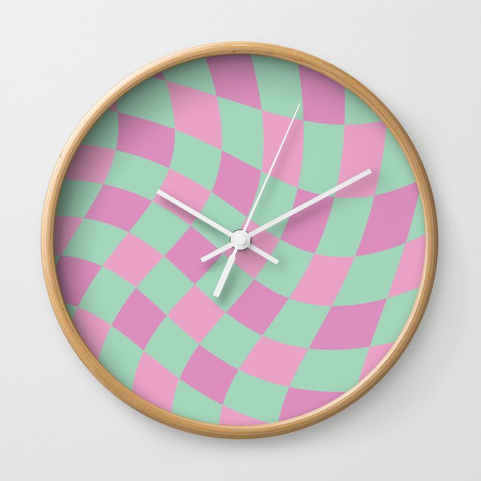Check Pastel Green Pink Vintage Wall Clock