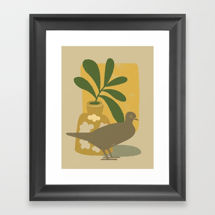 Tan Beige Dove with Leaves and Flowers  Framed Art Print
