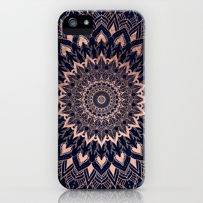 boho rose gold floral mandala on navy blue watercolor iphone case