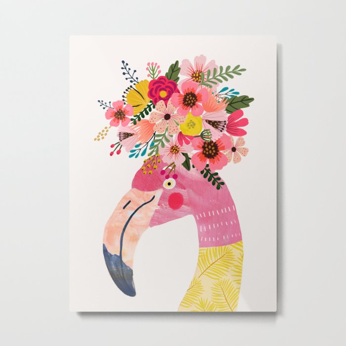 Pink flamingo with flowers on head Metal Print