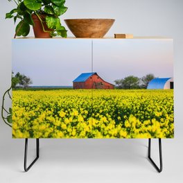 The Farm - Red Barn in Yellow Canola Field at Dusk on Spring Evening in Oklahoma Credenza