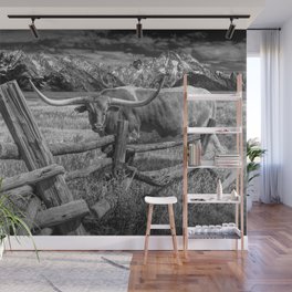 Texas Longhorn Steer by an Old Wooden Fence in Black and White Wall Mural