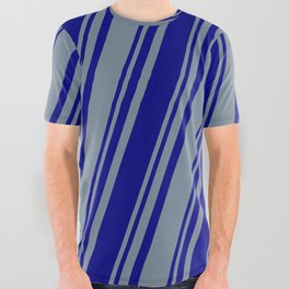 [ Thumbnail: Blue and Light Slate Gray Colored Stripes Pattern All Over Graphic Tee ]