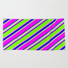 [ Thumbnail: Green, Light Gray, Fuchsia & Blue Colored Stripes/Lines Pattern Beach Towel ]