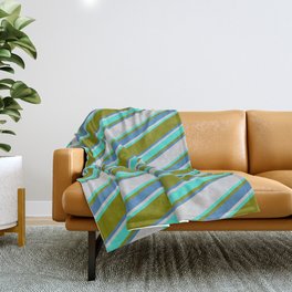 [ Thumbnail: Green, Blue, Light Gray & Turquoise Colored Striped Pattern Throw Blanket ]