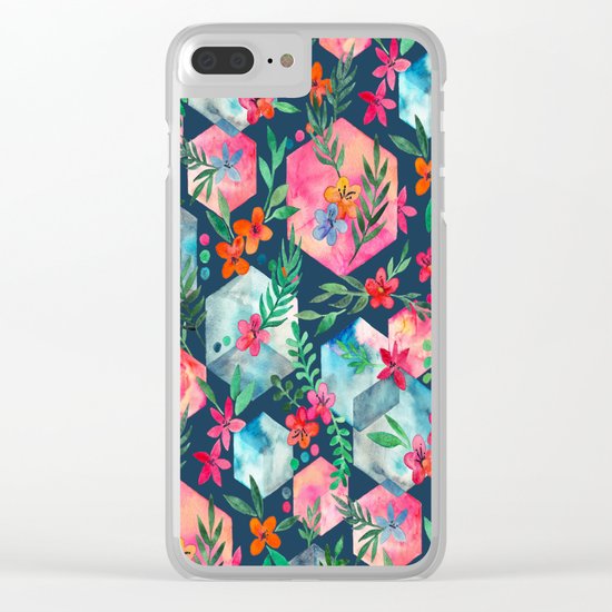 Whimsical Hexagon Garden on Blue Clear iPhone Case
