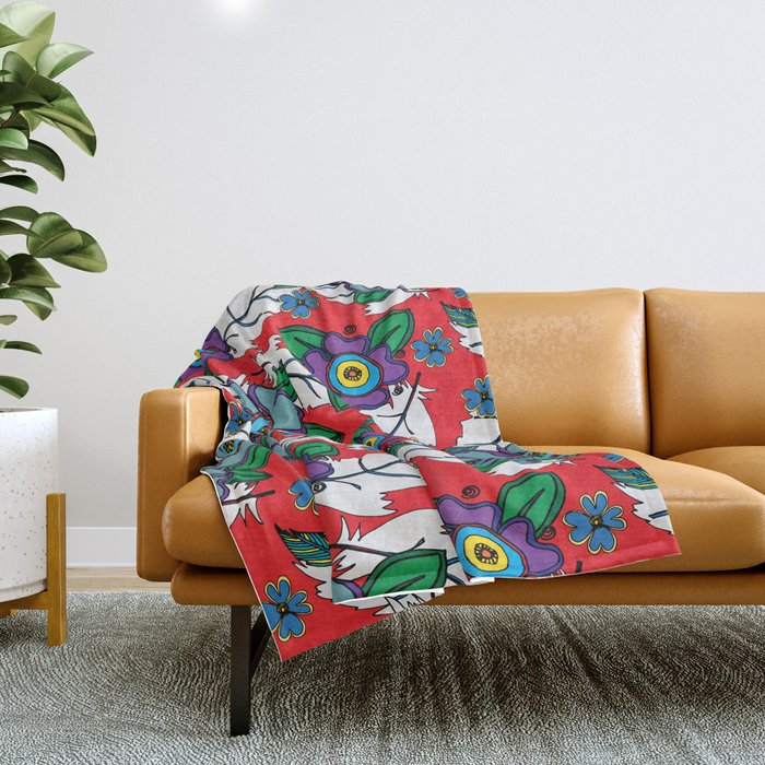 Native Floral Red Background Throw Blanket