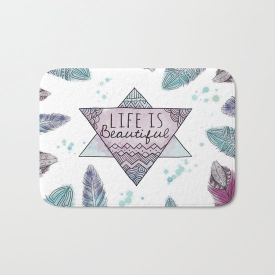 Life is beautiful (watercolor boho feathers) Bath Mat