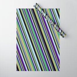 [ Thumbnail: Eye-catching Sea Green, Dark Khaki, Black, Light Blue, and Indigo Colored Striped/Lined Pattern Wrapping Paper ]