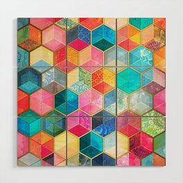 Crystal Bohemian Honeycomb Cubes - colorful hexagon pattern Wood Wall Art
