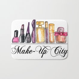 Beauty Products Watercolor Paint, Make Up City Bath Mat