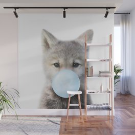 Baby Wolf Blowing Blue Bubble Gum, Baby Boy, Kids, Baby Animals Art Print by Synplus Wall Mural