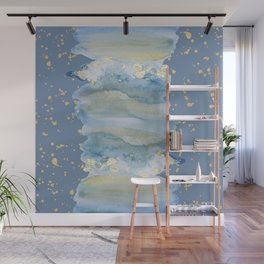 Watercolor gold glitter splatters sky blue brush strokes  Wall Mural