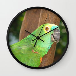 Brazil Photography - Beautiful Green Parrot Sitting In A Tree Wall Clock