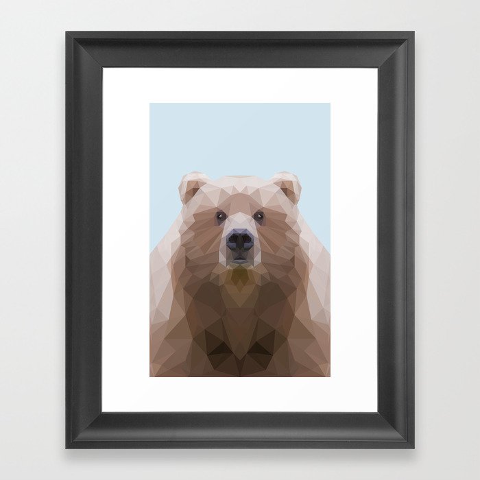Cute geometric bear on blue/grey background Framed Art Print