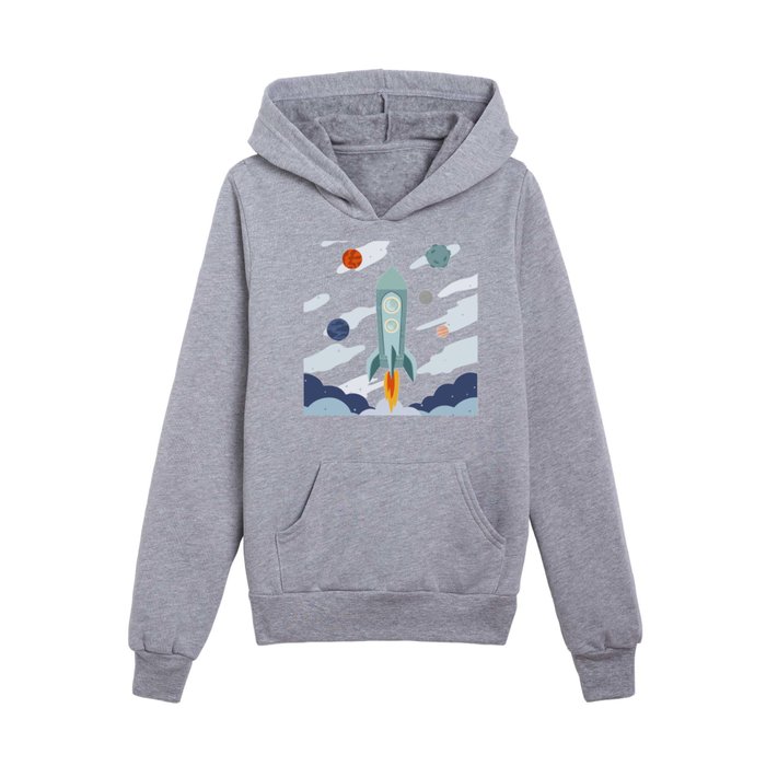 Space rocket print with planets and stars, perfect for an outer space nursery or kids room Kids Pullover Hoodie