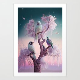 glittering birds perched in a tree Art Print