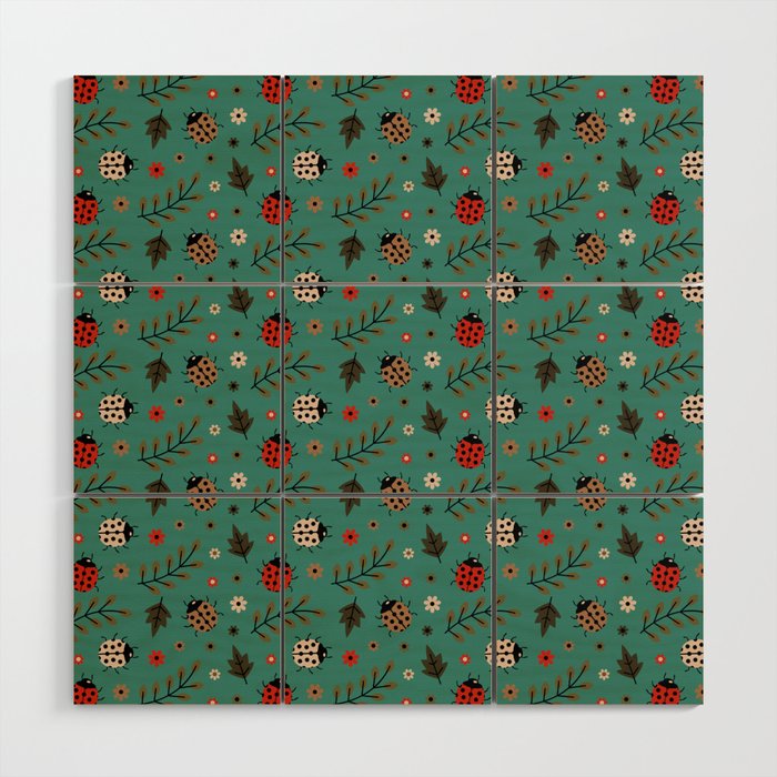 Ladybug and Floral Seamless Pattern on Green Blue Background Wood Wall Art