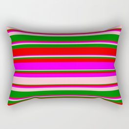 [ Thumbnail: Green, Red, Fuchsia, and Pink Colored Lined/Striped Pattern Rectangular Pillow ]