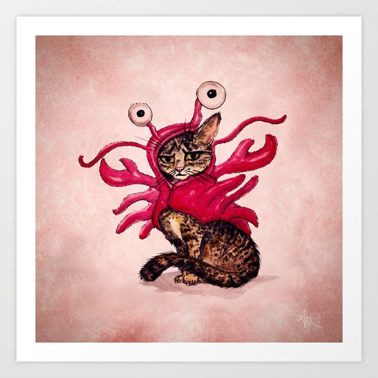 "Ma'ama Lisa" by Amber Marine ~ Lobster Cat, Watercolor and Ink, (c) 2015 Art Print