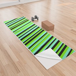 [ Thumbnail: Aquamarine, Green & Black Colored Lines/Stripes Pattern Yoga Towel ]