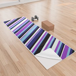 [ Thumbnail: Vibrant Midnight Blue, Sky Blue, Dark Orchid, Mint Cream, and Black Colored Lined/Striped Pattern Yoga Towel ]