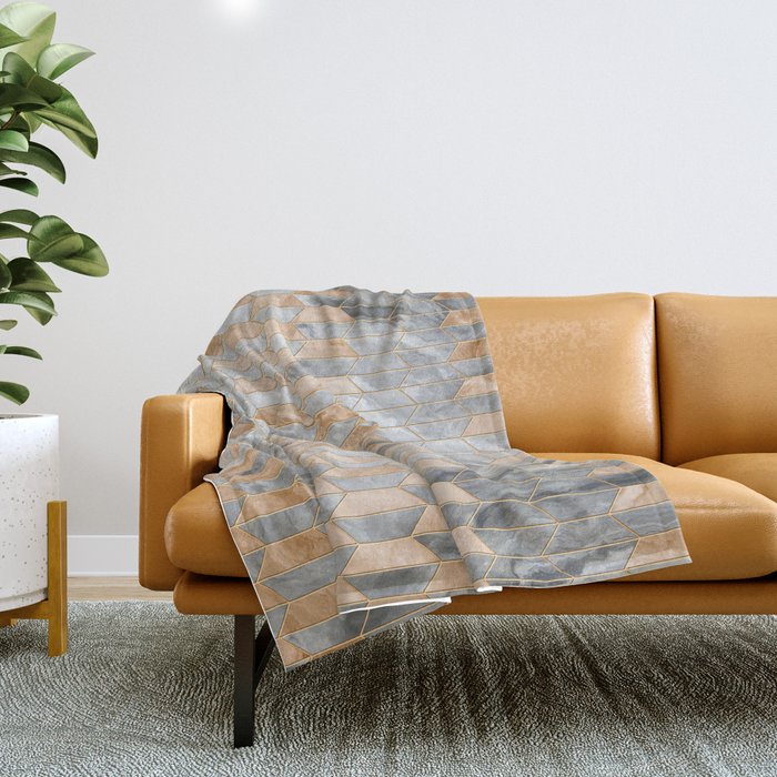 Art Deco Cream Gold + Gray Abstract Marble Geometry Throw Blanket