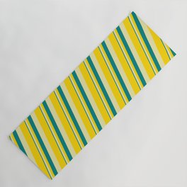 [ Thumbnail: Teal, Pale Goldenrod & Yellow Colored Lines Pattern Yoga Mat ]