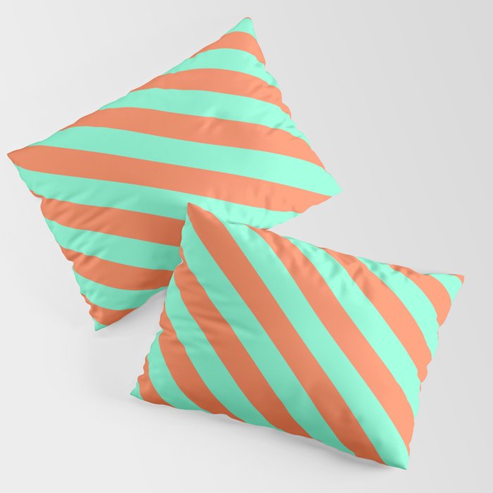 Aquamarine & Coral Colored Lined/Striped Pattern Pillow Sham