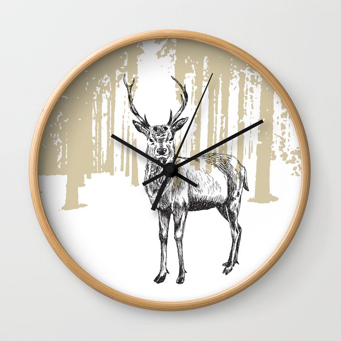 Deer illustration black and white Wall Clock