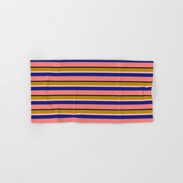 [ Thumbnail: Eye-catching Dark Goldenrod, Pink, Midnight Blue, Light Coral & Black Colored Stripes/Lines Pattern Hand & Bath Towel ]